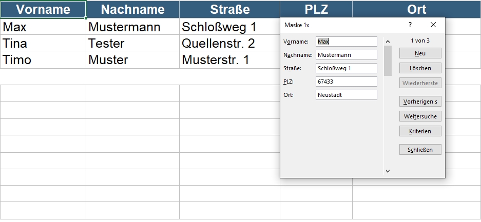 Maske in Excel zur Dateneingabe nutzen